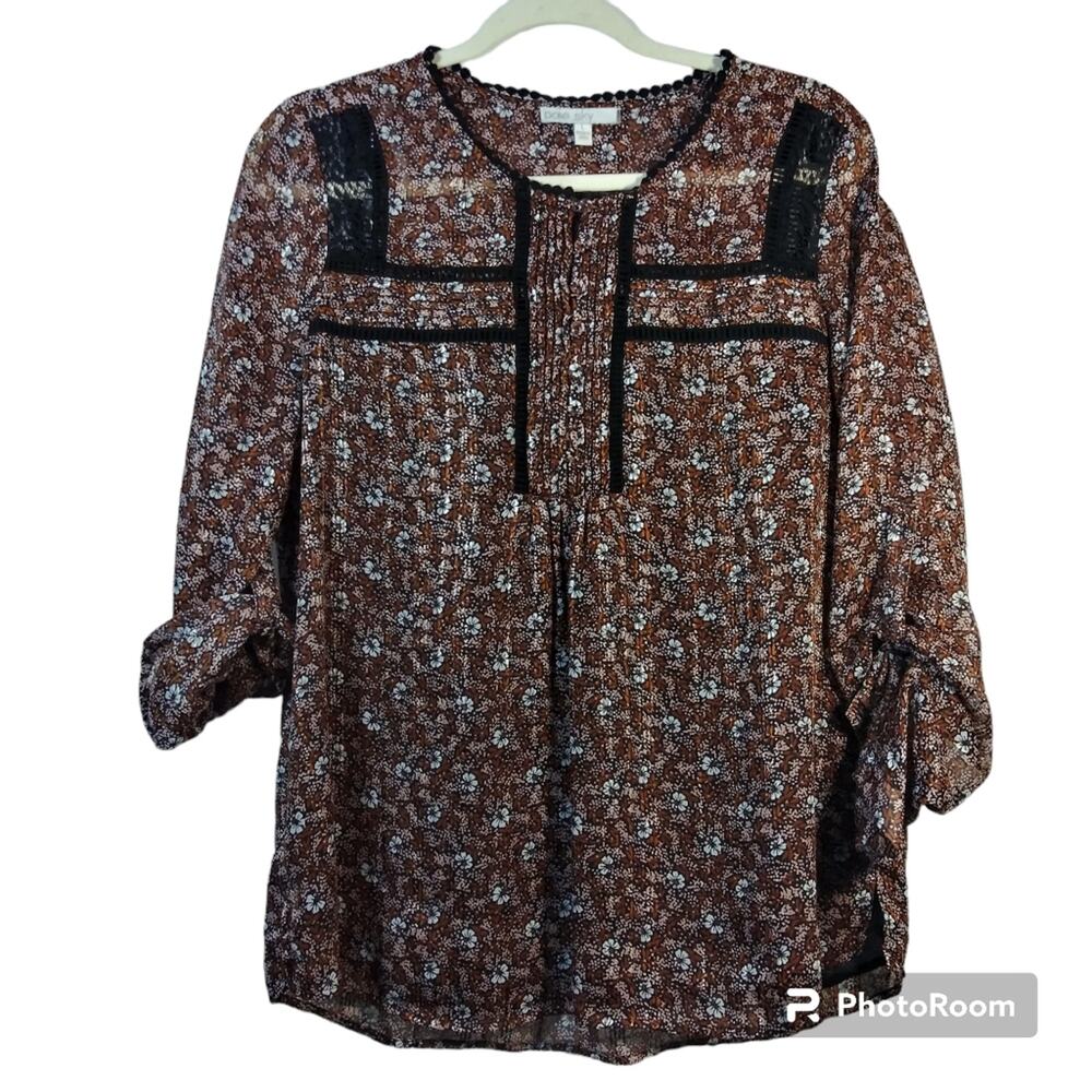 Pale Sky Brown Floral Roll Tab Sleeves Boho  Blouse Size L